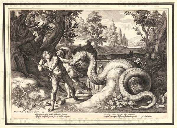 Anonymous after Hendrick Goltzius (Dutch, 1558 - 1617). The Dragon Devouring the Companions of Cadmus, ca. 1615. From Metamorphoses. Engraving on wove paper. Plate: 175 mm x 251 mm (6.89 in. x 9.88 in.).