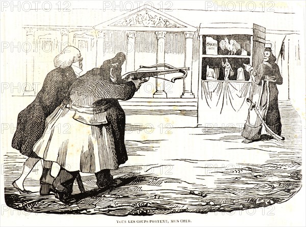 Honoré Daumier (French, 1808 - 1879). Tous les coups portent, mon cher!, 1834. Wood engraving on newsprint paper. Image: 190 mm x 270 mm (7.48 in. x 10.63 in.).