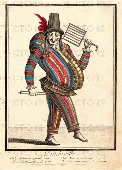 Nicolas Bonnart (French, 1636 - 1718). Polichinelle, ca. 1680-1690. From Five Characters from the Commedia dell'Arte. Etching with hand coloring on laid paper. Plate: 263 mm x 186 mm (10.35 in. x 7.32 in.) (dimensions are approximate).