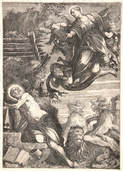 Agostino Carracci (Italian, 1557-1602) after Jacopo Tintoretto (Italian (Venetian), 1519 - 1594). The Virgin Appearing to St. Jerome, 1588. Etching and engraving. Plate: 420 mm x 299 mm (16.54 in. x 11.77 in.). Third of four states.