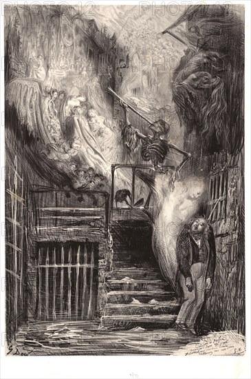 Gustave Doré (French, 1832 - 1883). The Death of Gérard de Nerval (La Rue de la Vieille Lanterne, La Mort de Gérard de Nerval), 1855. Lithograph on China paper laid down. Image: 509 mm x 350 mm (20.04 in. x 13.78 in.).