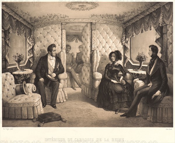 Jules David (French, 1808 - 1892) after Edouard Pingret (French, 1788 - 1875). Interior of the Railway Carriage of the Queen (Interieur du Carosse de la Reine), 1844. From Voyage de Louis Philippe Ã  Windsor. Lithograph with tint stone. Sheet: 299 mm x 364 mm (11.77 in. x 14.33 in.).