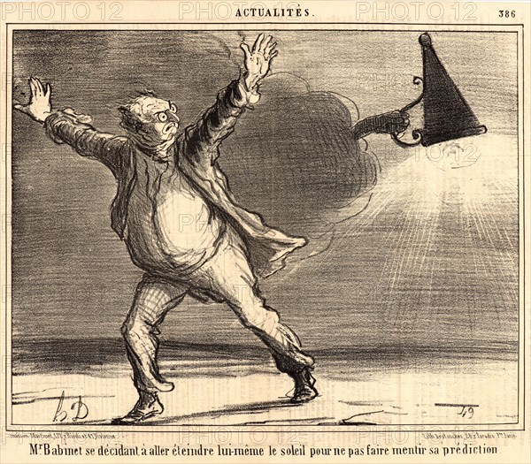 Honoré Daumier (French, 1808 - 1879). M. Babinet se decidant Ã  ... eteindre ... le soleil, 1857. Lithograph on newsprint paper. Image: 206 mm x 264 mm (8.11 in. x 10.39 in.). Second of two states.