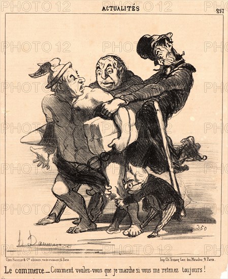 Honoré Daumier (French, 1808 - 1879). Comment voulez-vous que je marche, 1851. From Le Commerce. Lithograph on newsprint paper. Image: 253 mm x 226 mm (9.96 in. x 8.9 in.). Second of two states.