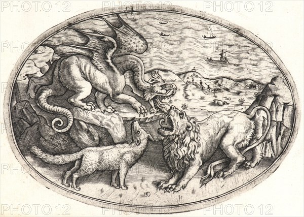 Anonymous (Italian). Lion, Dragon and Fox Quarrelling, ca. 1470-1490. Engraving on laid paper; appears to be 16th century. Plate: 123 mm x 175 mm (4.84 in. x 6.89 in.).