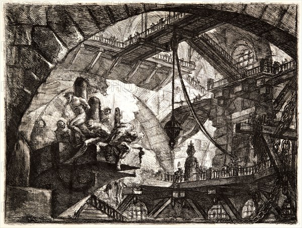 Giovanni Battista Piranesi (Italian, 1720 - 1778). Prisoners on a Projecting Platform, 1761. From Carceri d'Invenzione di G. Battista Piranesi, Archit[etto] Vene[ziano]. Etching on laid paper. Plate: 416 mm x 549 mm (16.38 in. x 21.61 in.). Fifth of six states.