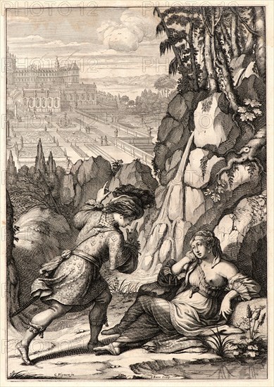 Abraham Bosse (French, 1602-1676) after Claude Vignon (French, 1593 - 1670). Roger Finds His Sister, Agnes, ca. 1657. From Joan of Arc, or France Liberated (La Pucelle ou La France delivrée). Engraving on laid paper. Plate: 260 mm x 182 mm (10.24 in. x 7.17 in.).