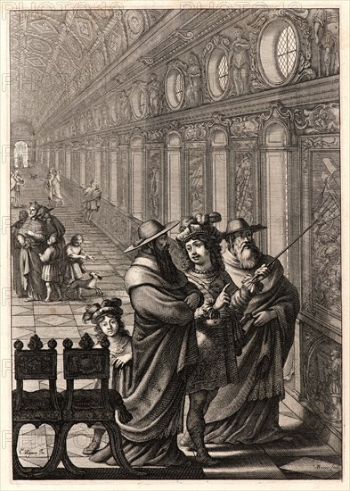 Abraham Bosse (French, 1602-1676) after Claude Vignon (French, 1593 - 1670). Roger, with Cardinals, in a Picture Gallery, ca. 1657. From Joan of Arc, or France Liberated (La Pucelle ou La France delivrée). Engraving on laid paper. Plate: 260 mm x 182 mm (10.24 in. x 7.17 in.).