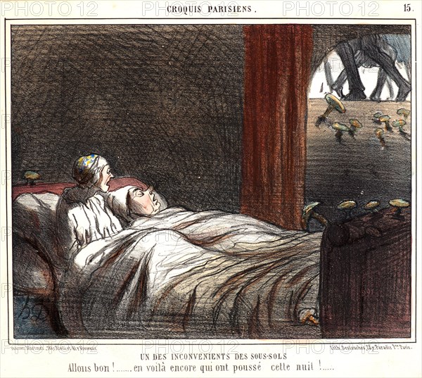 Honoré Daumier (French, 1808 - 1879). Un des Inconvénients des Sous-sols, 19th century. From Croquis Parisiens. Lithograph with hand coloring on heavy wove paper. Image: 202 mm x 256 mm (7.95 in. x 10.08 in.). Second of two states.