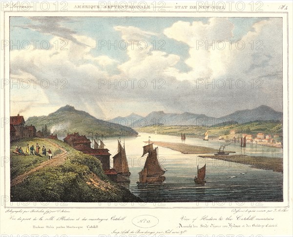 Isidore-Laurent Deroy (French, 1797 - 1886) after Jacques Gerard Milbert (French, 1766 - 1840). View of Hudson River & the Catskill Mountains, 1827-1828. From Itinéraire Pittoresque du Fleuve Hudson et des Parties Latérales de l'Amérique d. Lithograph with hand coloring on wove paper mounted on wove paper. Image: 194 mm x 284 mm (7.64 in. x 11.18 in.).