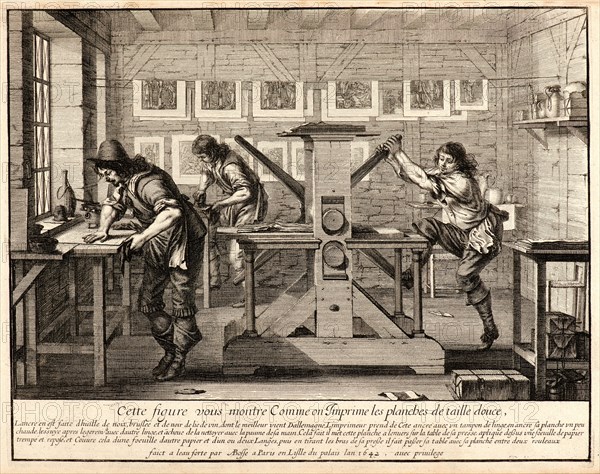 Abraham Bosse (French, 1602 - 1676). The Printers in Their Workroom, 1642. From Artists in Their Studios. Etching and engraving on wove paper. Plate: 257 mm x 324 mm (10.12 in. x 12.76 in.).