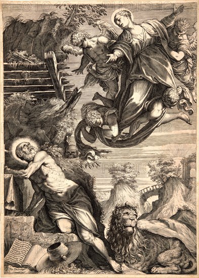 Agostino Carracci (Italian, 1557-1602) after Jacopo Tintoretto (Italian (Venetian), 1519-1594). The Madonna Appearing to St. Jerome, 1588. Engraving. Second of four states.