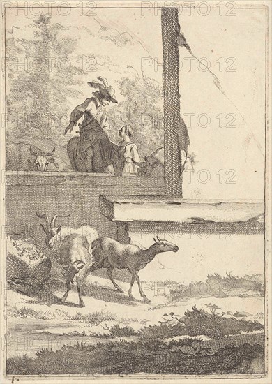 Goats and one rider at a wall, Jan de Visscher, Nicolaes Pietersz. Berchem, 1643 - 1692