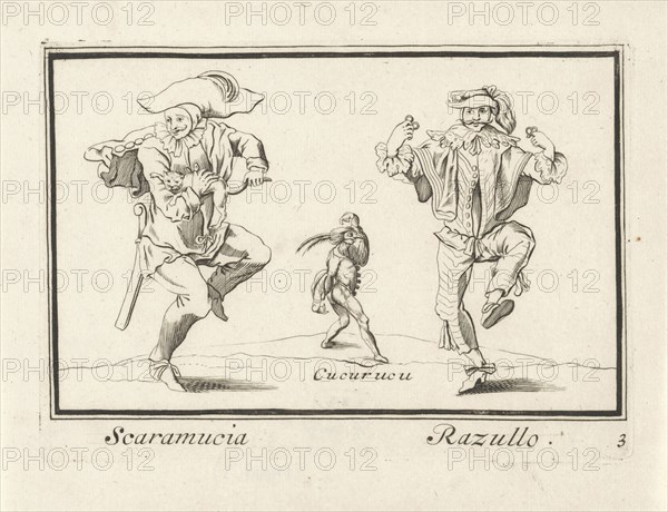 Scaramouche, Cucurucu and Razullo. Anthonie de Winter, Jacques Callot, Cornelis Danckerts (II), 1668 - 1707