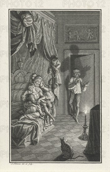 Man entering a room, print maker: Jacob Folkema, 1702 - 1767