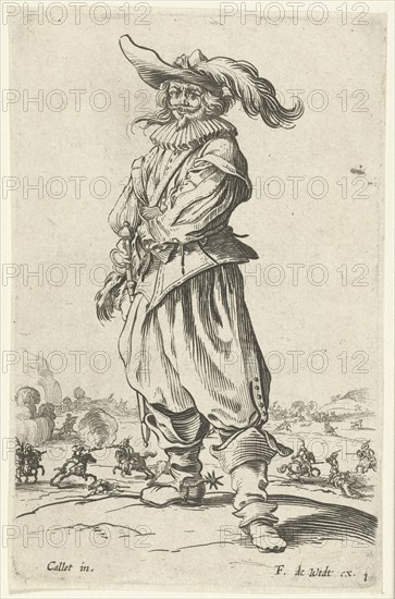 Horseman with plumed hat, seen from the front, Jacques Callot, print maker: Anonymous, Frederik de Wit, 1630 - 1690
