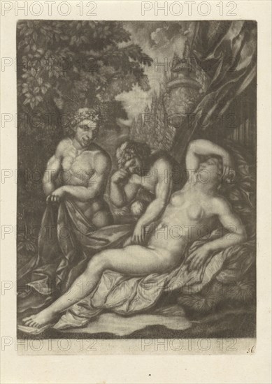 Two Satyrs near a sleeping nymph, print maker: Jan van Somer