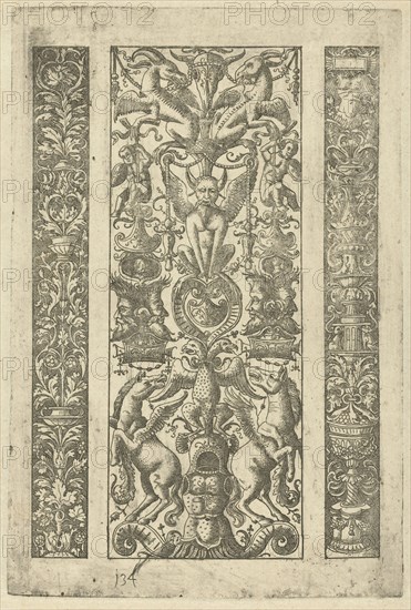 Candelabrum with vines, a candelabrum with grotesques, a rearing horse, print maker: Lambert Hopfer (mentioned on object), Dating 1520 - 1530