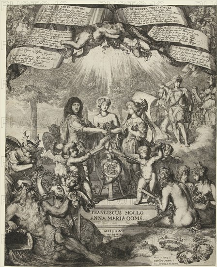 Allegory of the marriage of Francis Mollo and Anna Maria Ooms, 1674, Jeronimo Parensi, Nic. Andrea Tensini, 1674