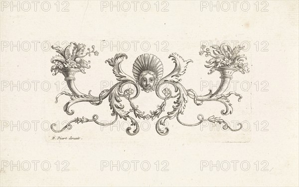 Ornament with a mascaron surrounded by foliate scrolls two horns with plants and flowers, Bernard Picart, 1683 - 1733