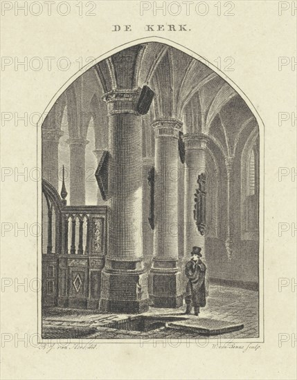 Man at an open grave in a church, print maker: Willem van Senus, Bartholomeus Johannes van Hove, 1800 - 1851