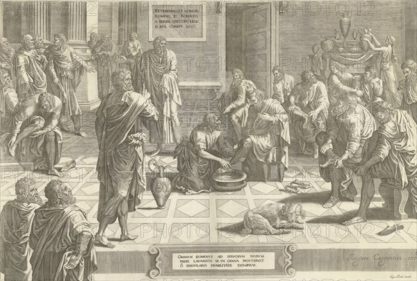 Christ washes the feet of the disciples, print maker: Anonymous, Hans Collaert I attributed to, Lambert Lombard, c. 1640 - c. 1684