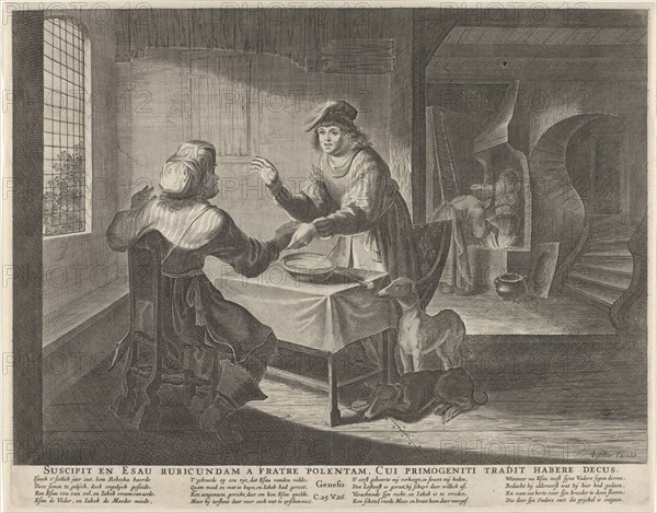Esau sells his birthright to Jacob, print maker: Anonymous, Claes Jansz. Visscher II, Nicolaes Visscher I, 1630 - 1652 and/or 1630 - 1702