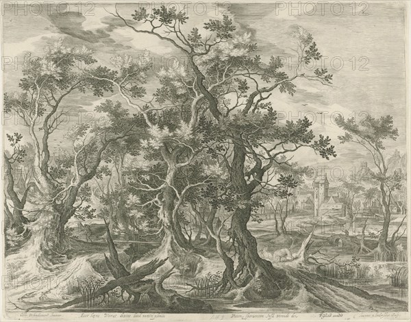 Landscape with a prophet torn by a lion from Judah, print maker: Jan van Londerseel, Gillis Claesz. de Hondecoeter, Claes Jansz. Visscher II, 1601 - 1652