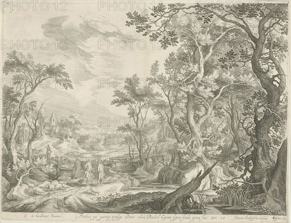 Jacob and the men of Haran at the well, print maker: Jan van Londerseel, Gillis Claesz. de Hondecoeter, Claes Jansz. Visscher II, 1601 - 1652