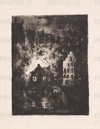 Fire in brewery De Valk Amsterdam, The Netherlands, print maker: Frans Schikkinger, 1882 - 1884