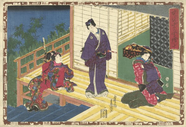 Prince Genji on a veranda with two women, Japanese print, Kunisada (I), Utagawa, Mera Taichiro, Murata Heiemon, 1847 - 1850