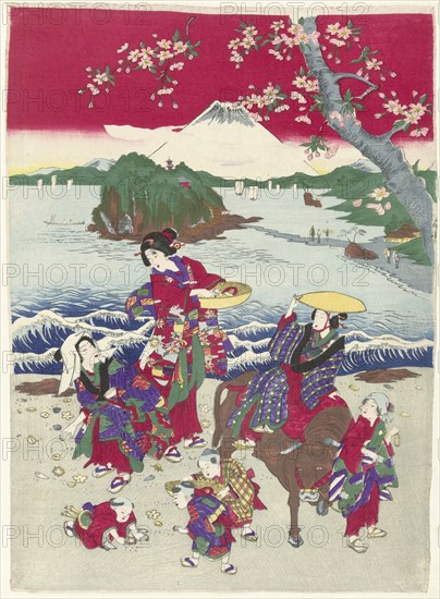 Searching for shells on the beach, Japanese print, Anonymous, c. 1850 - c. 1900