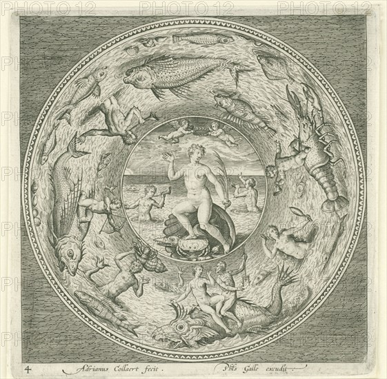 Dish with sea goddess Galatea? Adriaen Collaert, 1580-1618, print maker: Adriaen Collaert, Philips Galle, 1580 - 1618