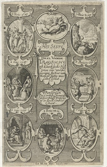 Title page for: Het seste deel vande Tragische oft klaechlijcke historien, 1613, print maker: Michiel le Blon, Cornelis Lodewijcksz. van der Plasse, 1613