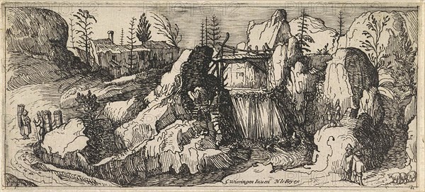 Rocky landscape with a waterfall, Henry le Roy, 1614-1618