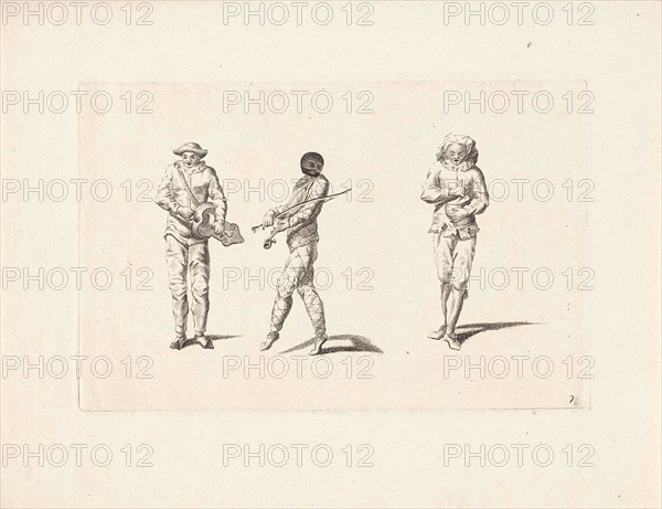 Harlequin and two jesters making music, Anonymous, Gerardus Josephus Xavery, Pieter Schenk (I), 1728