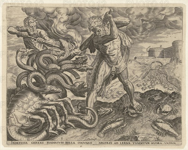 Hercules overcomes the Hydra of Lerna, Cornelis Cort, Julius Goltzius, in or after 1563 - before c. 1595