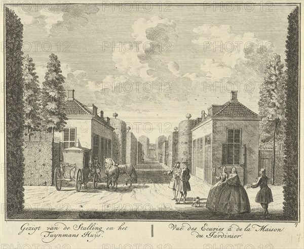 View of the stables and the house of the gardener on the estate at House ter Meer, The Netherlands, print maker: Hendrik de Leth, Dating c. 1740
