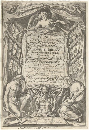 Cartouche with title and the allegorical figures Father Time and History, print maker: Willem Jacobsz. Delff, Nicolaes de Clerck, 1617