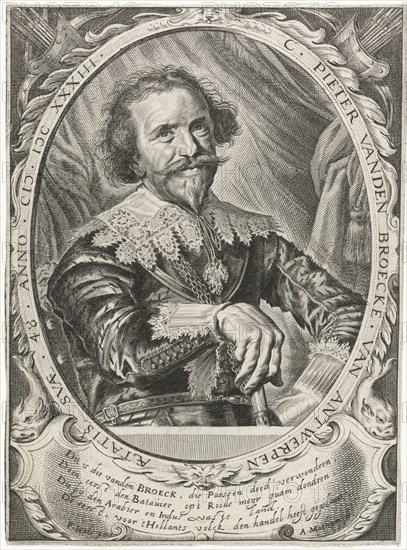 Portrait of Pieter van den Broecke, print maker: Adriaen Matham, Frans Hals, 1633