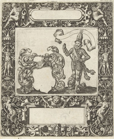 Picture frame with an elongated cartouche with rounded sides, print maker: Theodor de Bry, 1593