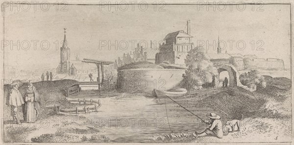 Angler in a fortified city, Jan van de Velde II, 1627