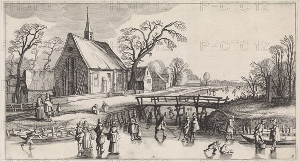 Winter Landscape with Skaters near a village, in the middle a wooden bridge, in the foreground children with a sled and a group flask players, print maker: Jan van de Velde (II), Dating 1639 - 1641