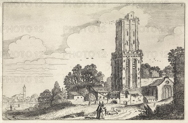 Landscape with dilapidated church tower, Jan van de Velde (II), 1616