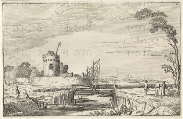 Figures at a harbor and a tower, Jan van de Velde (II), 1616