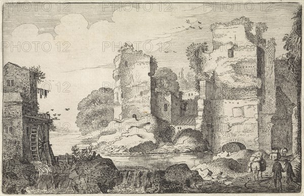 Landscape with figures and burros on a road near ruins, left a watermill, print maker: Jan van de Velde (II), Dating 1616