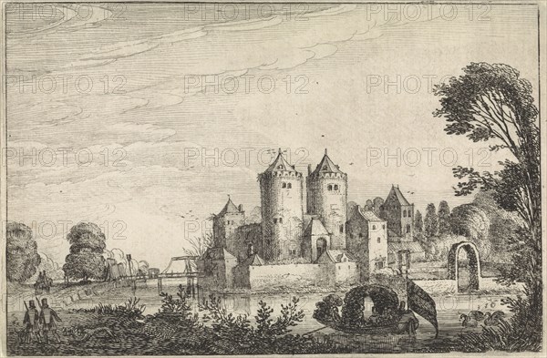 Figures in a canoe in a castle, Jan van de Velde (II), 1616