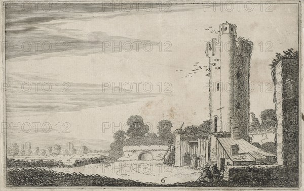 Two figures near a ruined tower, Jan van de Velde II, 1616