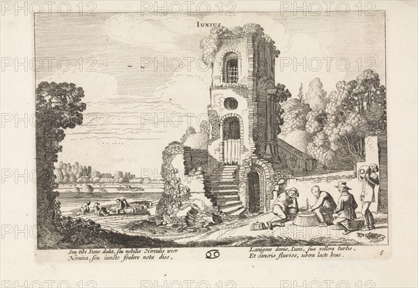 Landscape with a ruined tower: june, print maker: Jan van de Velde II,  Reinier Telle, 1608 - 1618 and or 1630 - 1699