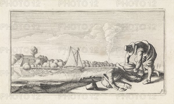 River Landscape with a dead man who robbed, Jan van de Velde (II), Anonymous, Claes Jansz. Visscher (II), 1603 - 1652